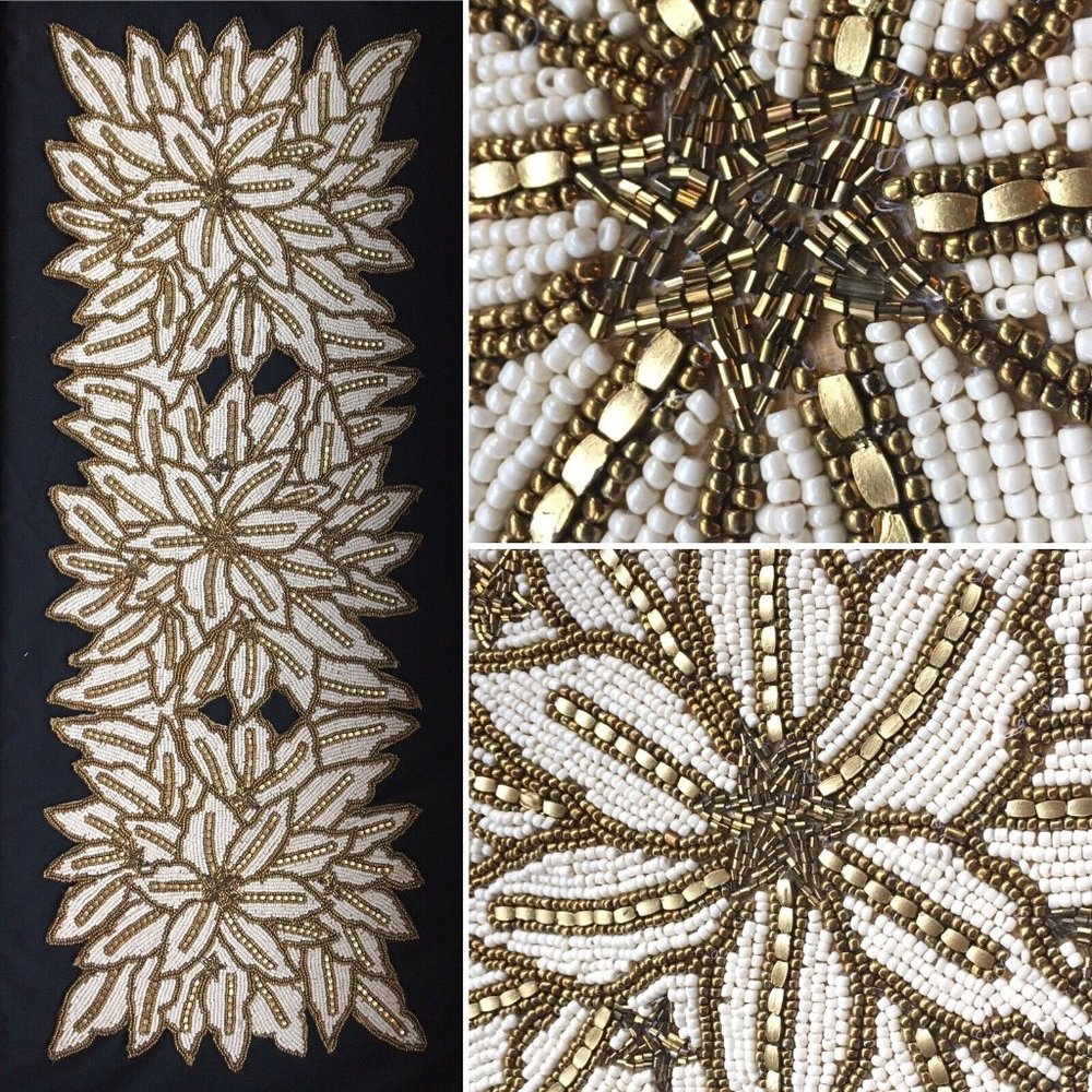 Cynthia Rowley Christmas Gold Poinsettia Beaded Table Runner Centerpiece Holiday